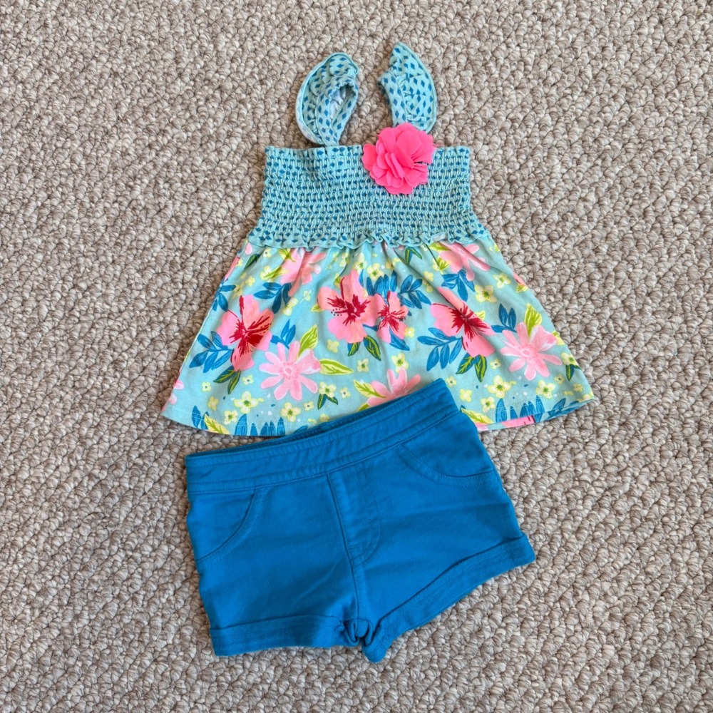 Healthtex Baby Girls Size 12 Months Blue Floral Tank Top Shorts Outfit